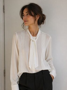 REPEAT IVORY TIE NECK BLOUSE 100% VISCOSE ELEGANT PLEATED DETAIL